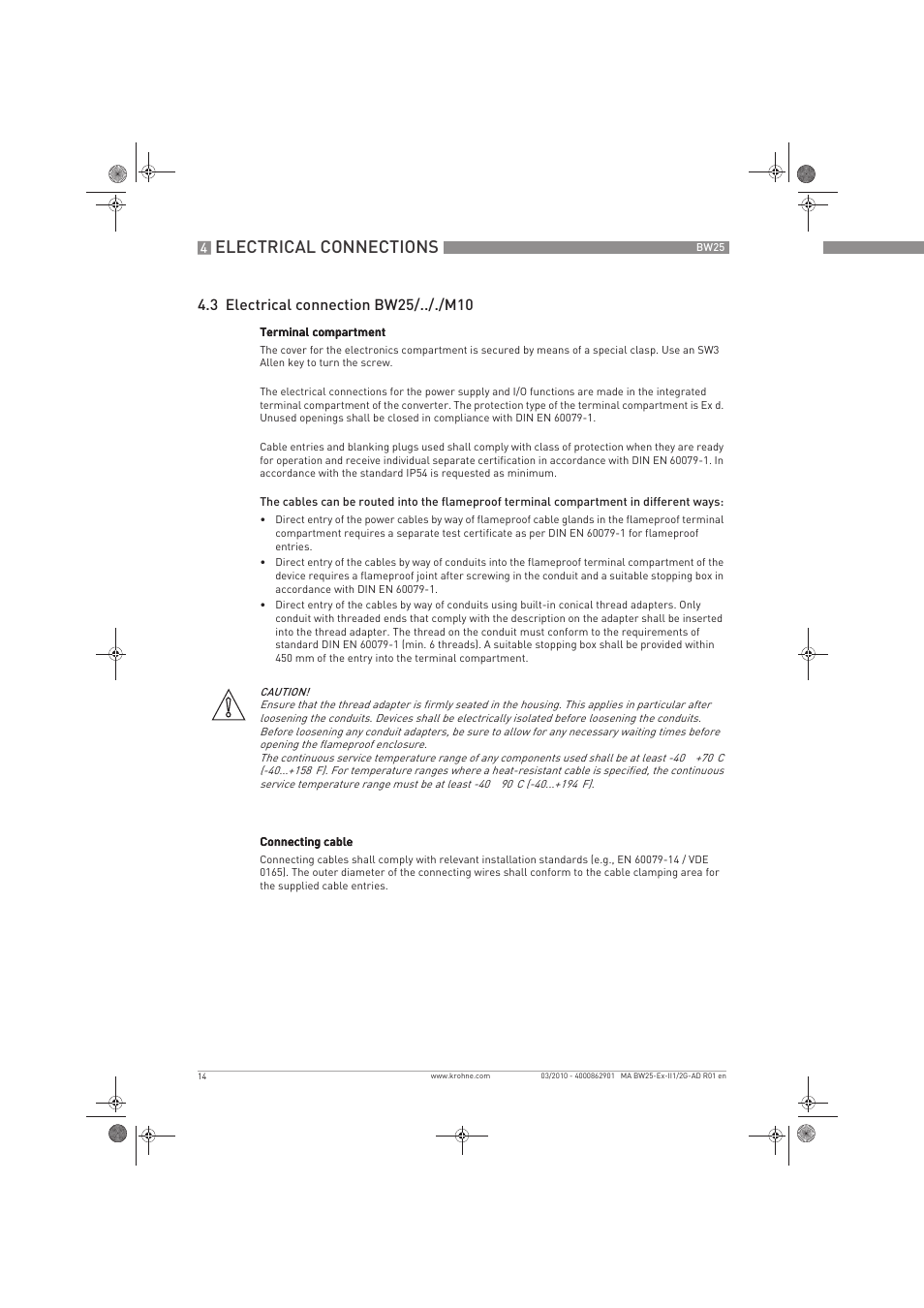 Electrical connections | KROHNE BW 25 Ex II 1-2 G EN User Manual | Page 14 / 24