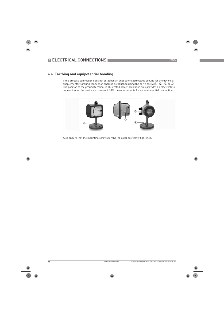 Electrical connections, 4 earthing and equipotential bonding | KROHNE BW 25 Ex II 1-2 G EN User Manual | Page 16 / 24
