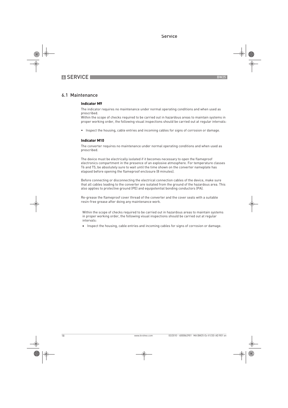 Service, Service 6.1 maintenance | KROHNE BW 25 Ex II 1-2 G EN User Manual | Page 18 / 24