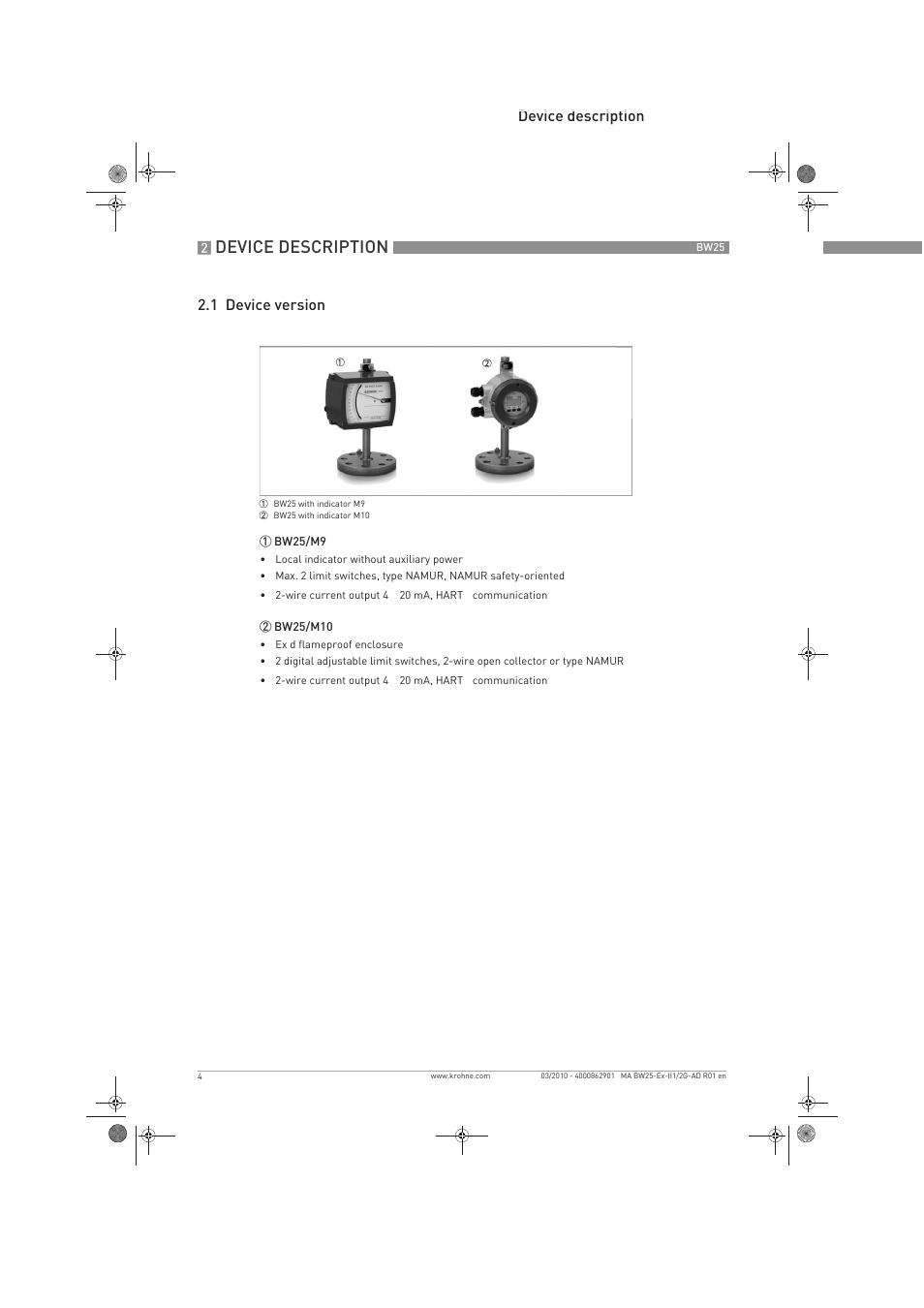 Device description, Device description 2.1 device version | KROHNE BW 25 Ex II 1-2 G EN User Manual | Page 4 / 24