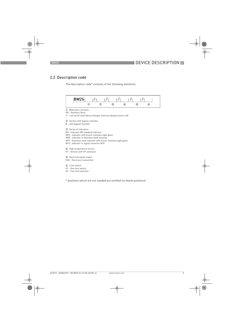 Device description, 2 description code | KROHNE BW 25 Ex II 1-2 G EN User Manual | Page 5 / 24