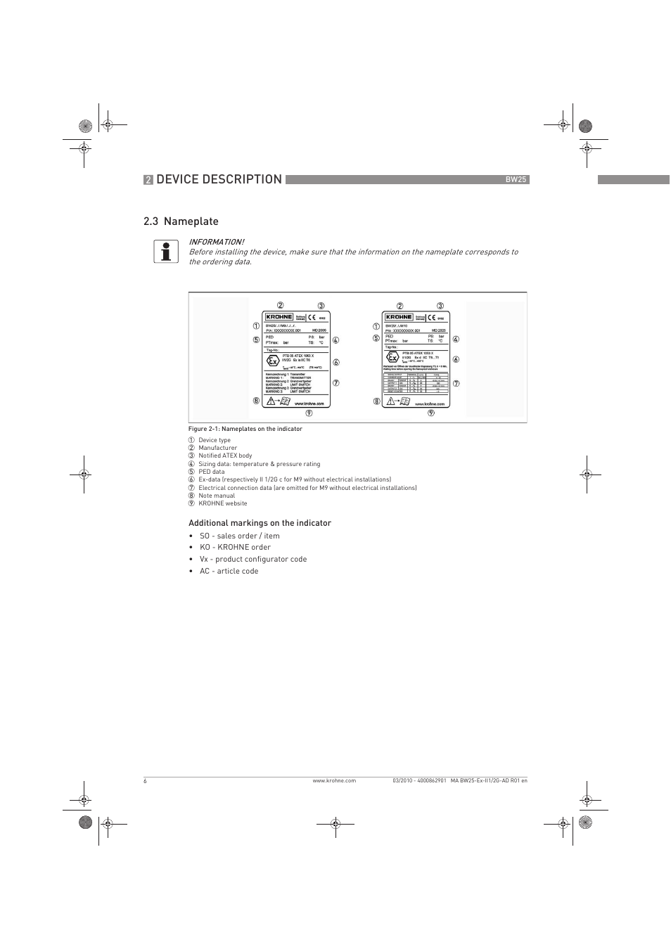 Device description, 3 nameplate | KROHNE BW 25 Ex II 1-2 G EN User Manual | Page 6 / 24