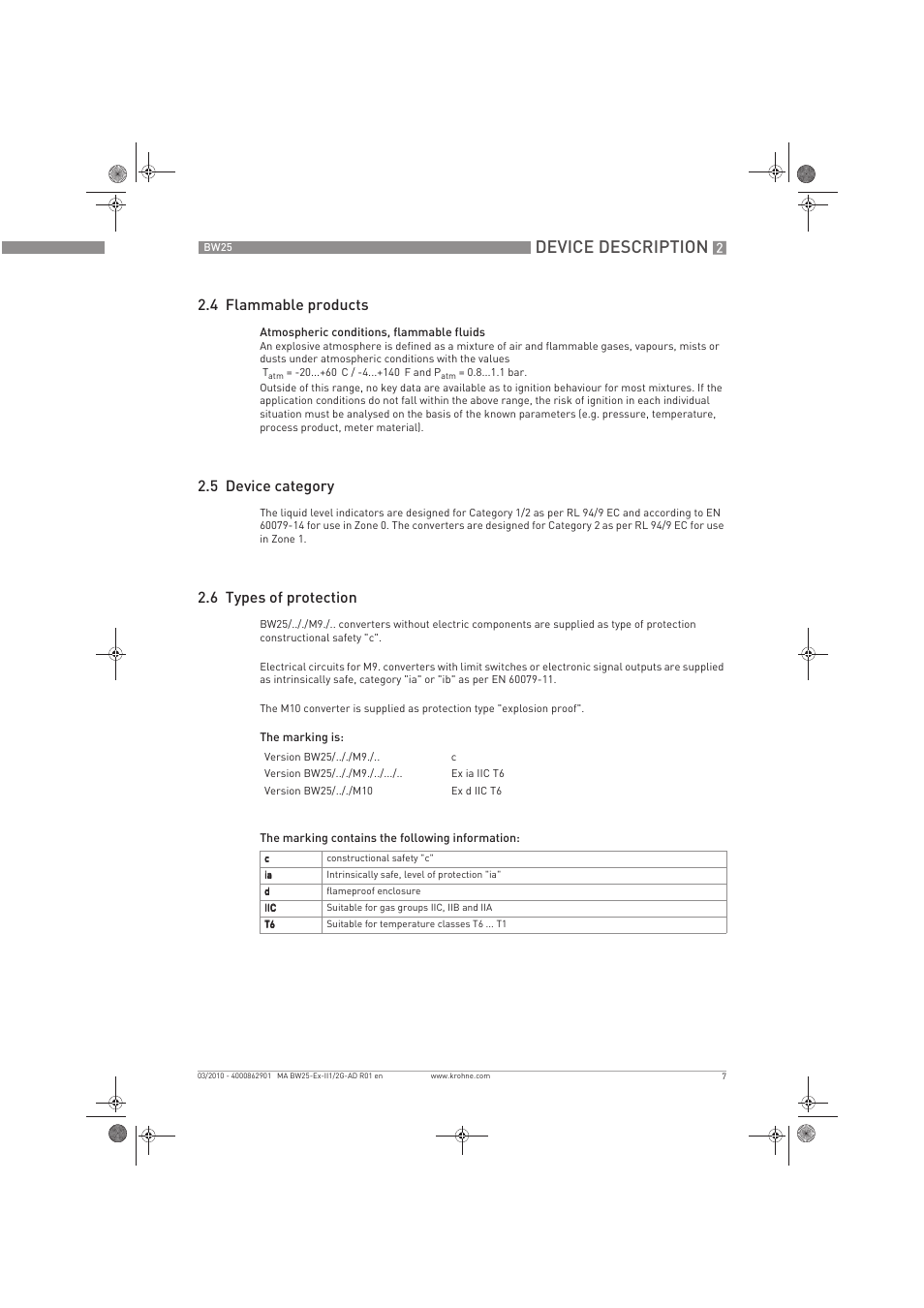 Device description, 4 flammable products, 5 device category | 6 types of protection | KROHNE BW 25 Ex II 1-2 G EN User Manual | Page 7 / 24