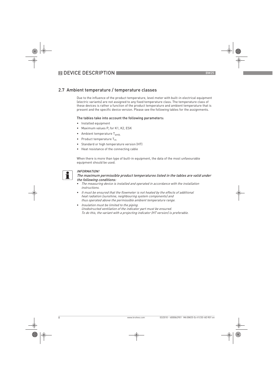 Device description, 7 ambient temperature / temperature classes | KROHNE BW 25 Ex II 1-2 G EN User Manual | Page 8 / 24