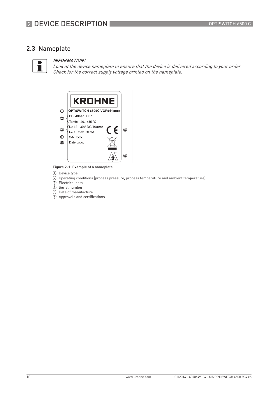 Device description, 3 nameplate | KROHNE OPTISWITCH 6500 C EN User Manual | Page 10 / 32