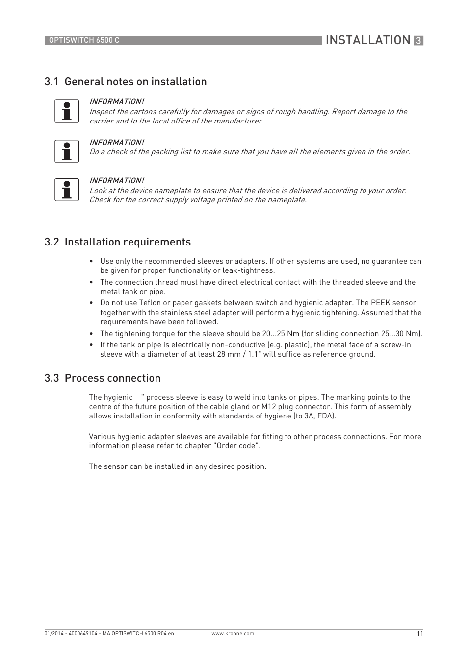 Installation, 3 process connection | KROHNE OPTISWITCH 6500 C EN User Manual | Page 11 / 32