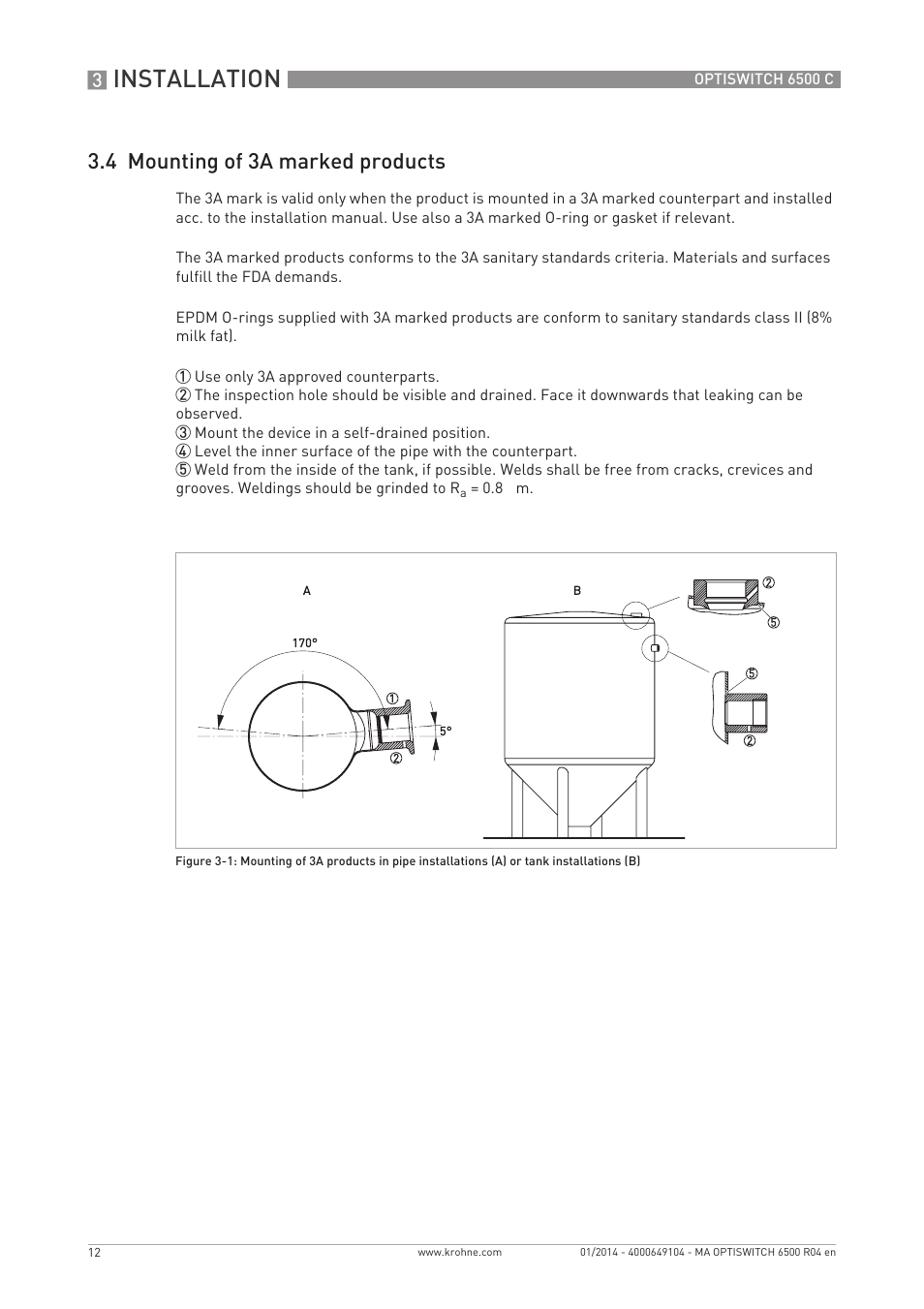 Installation, 4 mounting of 3a marked products | KROHNE OPTISWITCH 6500 C EN User Manual | Page 12 / 32