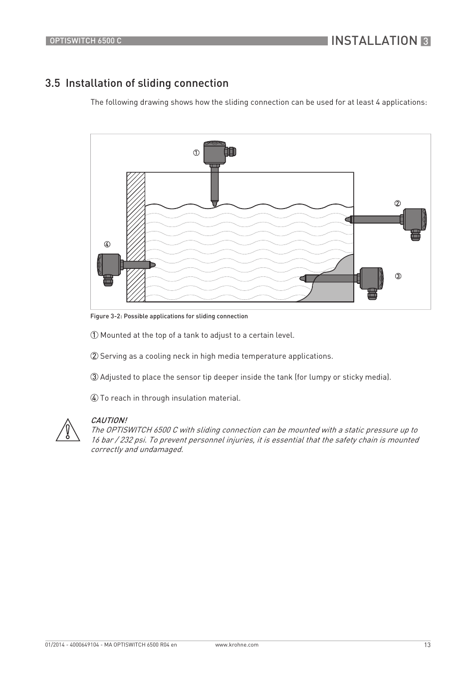 Installation, 5 installation of sliding connection | KROHNE OPTISWITCH 6500 C EN User Manual | Page 13 / 32
