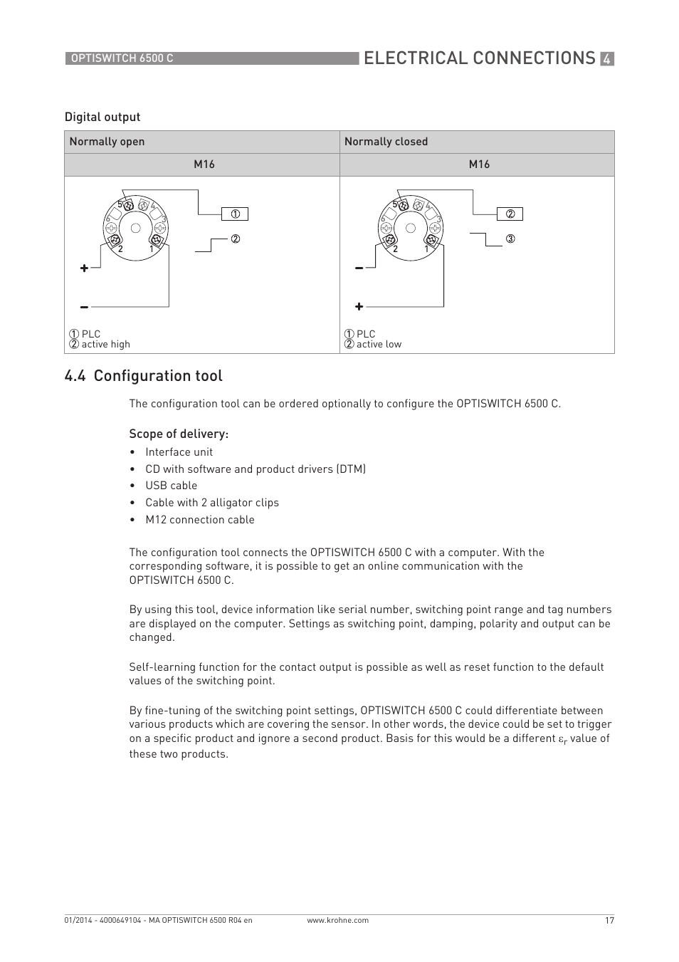 Electrical connections, 4 configuration tool | KROHNE OPTISWITCH 6500 C EN User Manual | Page 17 / 32
