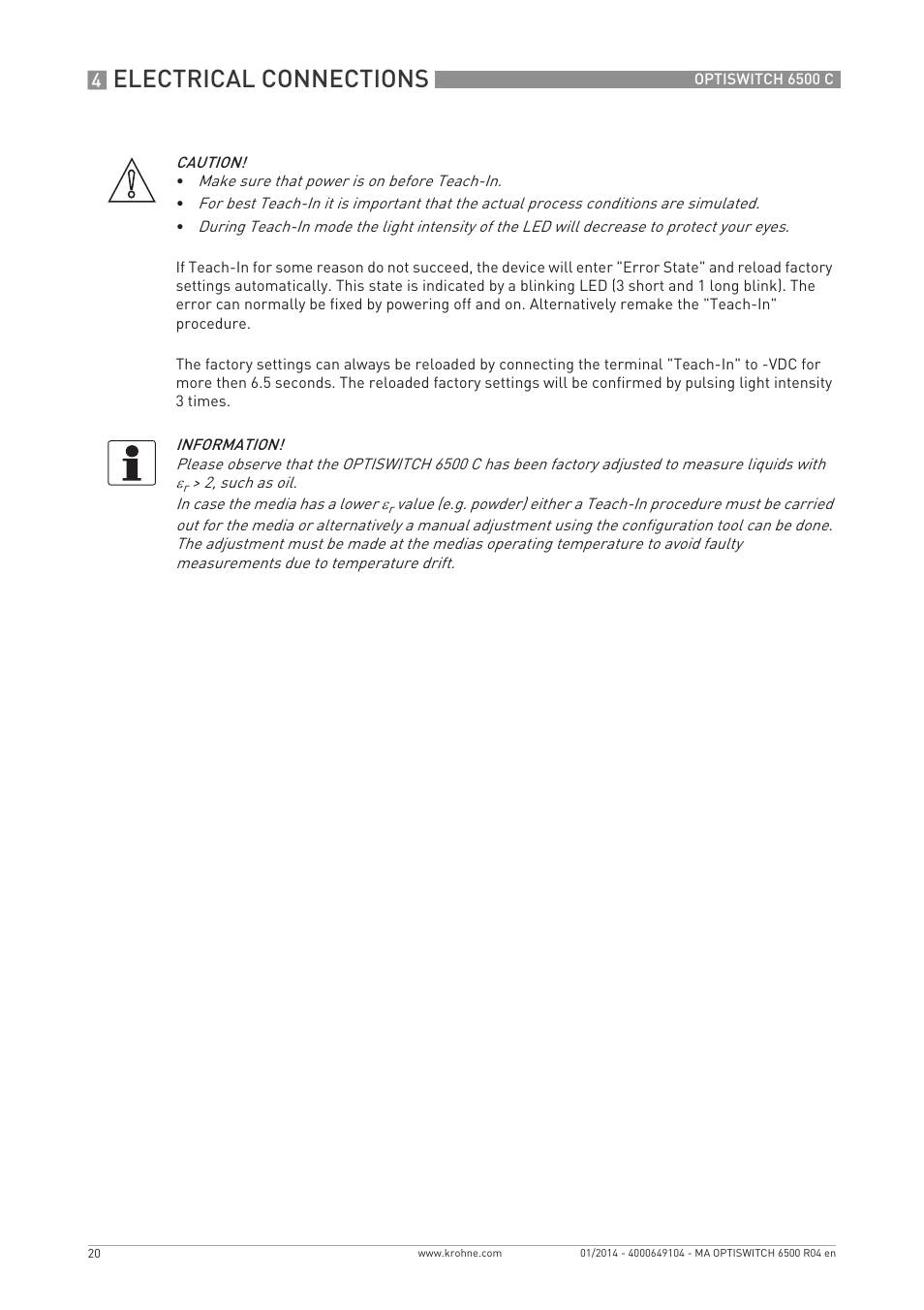 Electrical connections | KROHNE OPTISWITCH 6500 C EN User Manual | Page 20 / 32