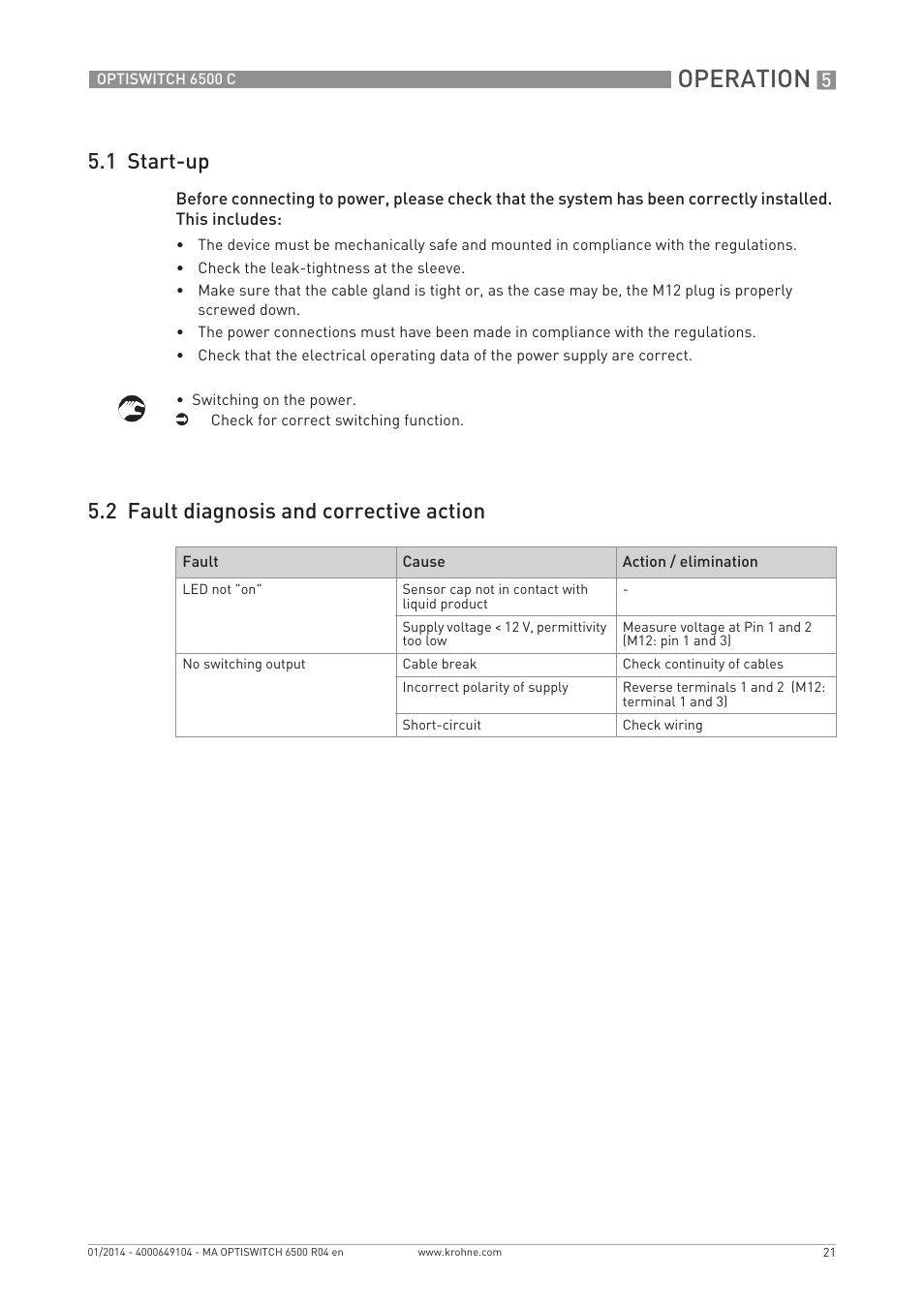 Operation, 1 start-up, 2 fault diagnosis and corrective action | KROHNE OPTISWITCH 6500 C EN User Manual | Page 21 / 32