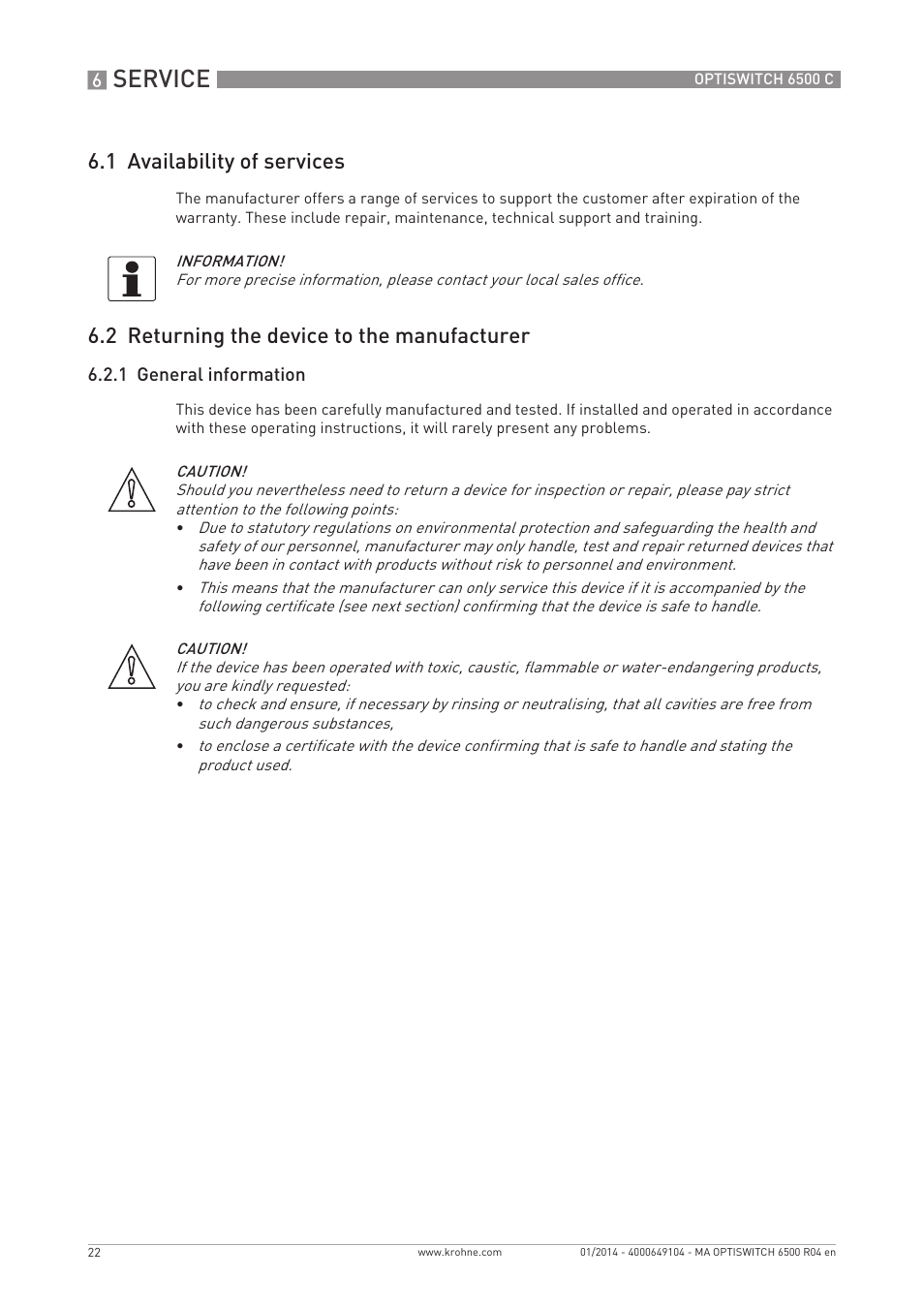 Service, 1 availability of services, 2 returning the device to the manufacturer | KROHNE OPTISWITCH 6500 C EN User Manual | Page 22 / 32
