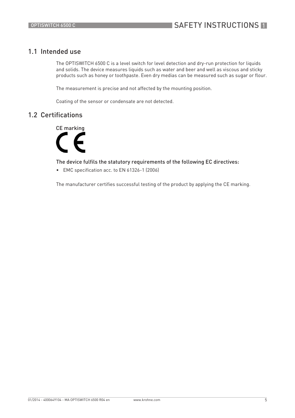 Safety instructions, 1 intended use, 2 certifications | KROHNE OPTISWITCH 6500 C EN User Manual | Page 5 / 32