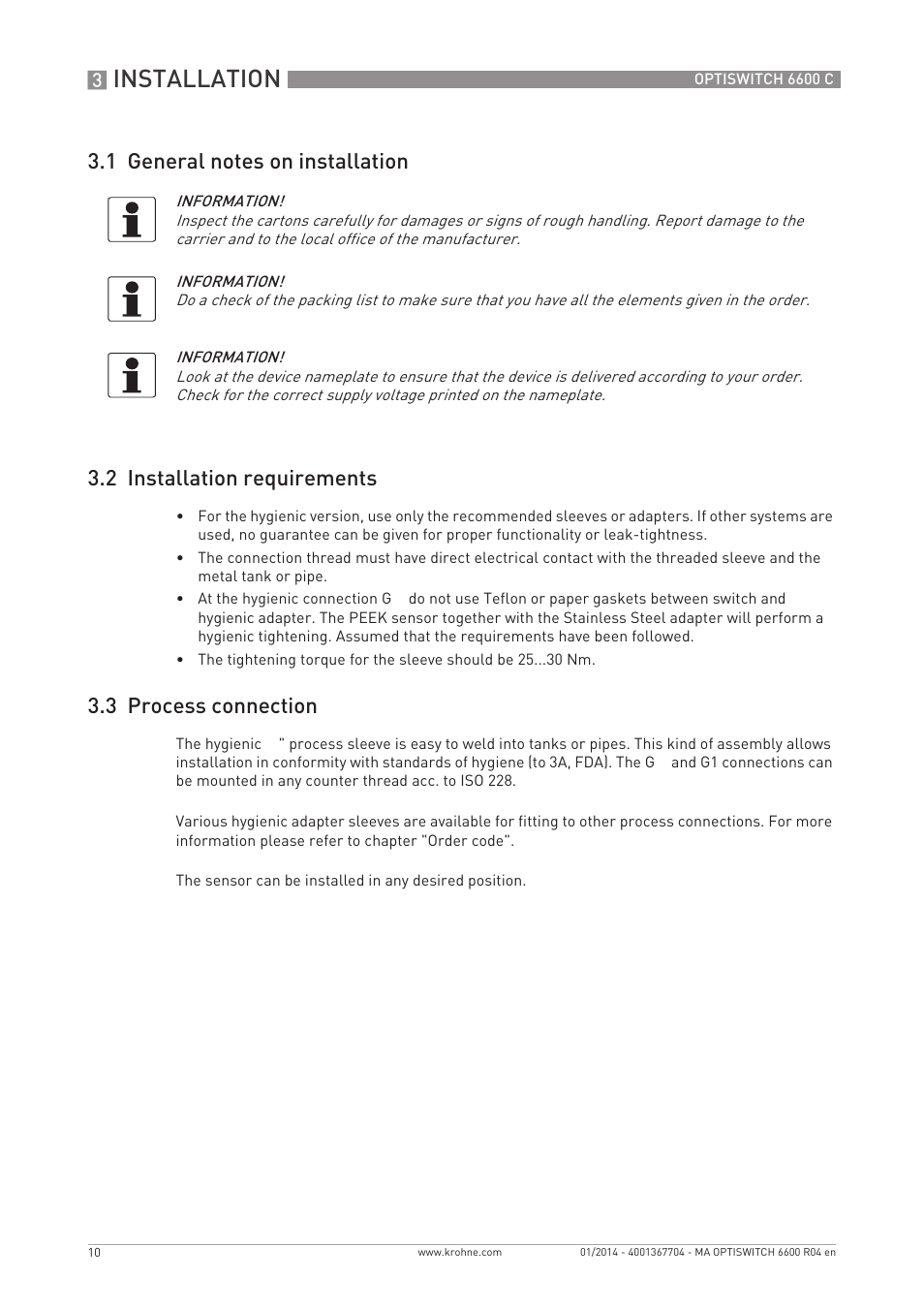 Installation, 3 process connection | KROHNE OPTISWITCH 6600 C EN User Manual | Page 10 / 28