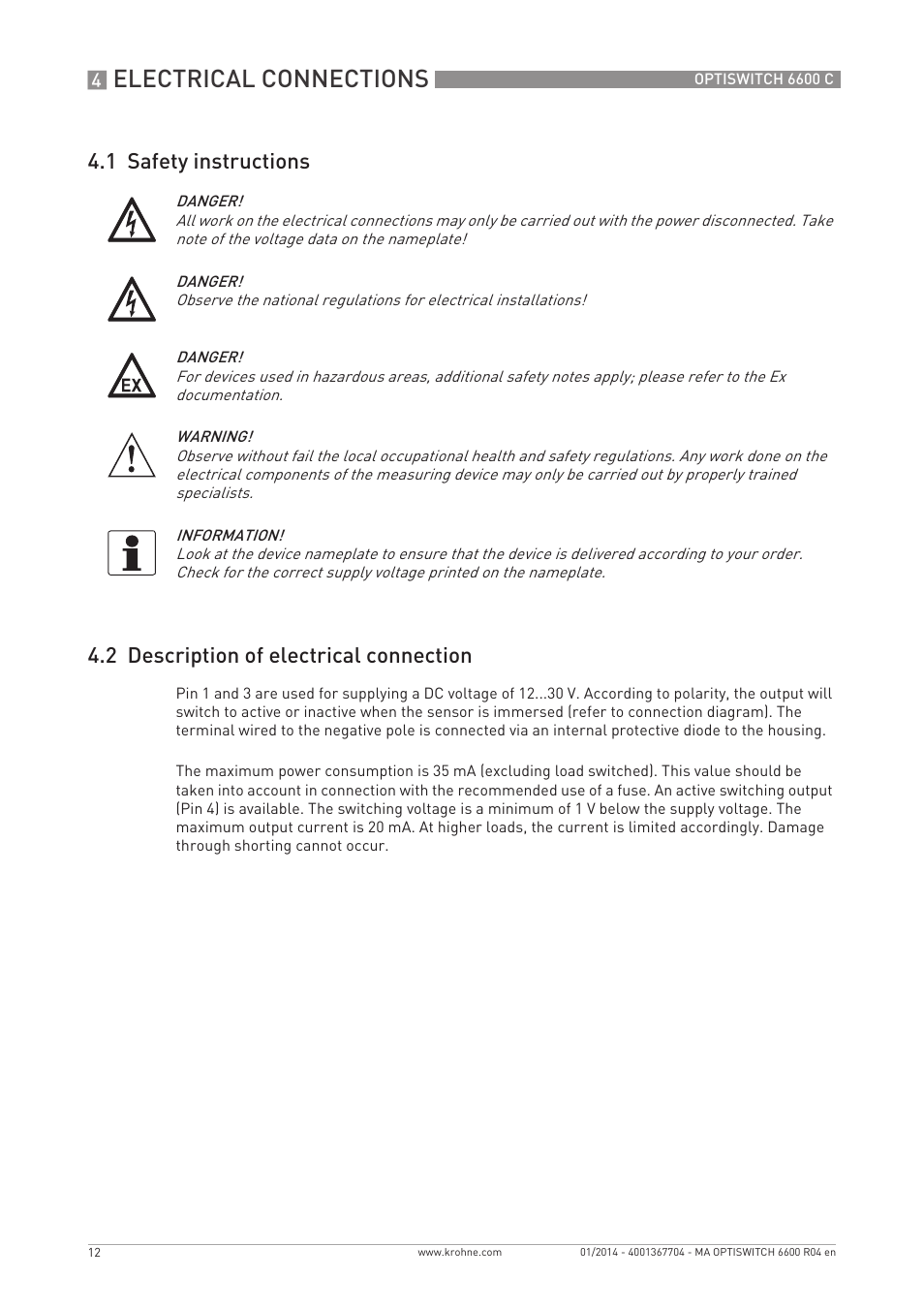 Electrical connections | KROHNE OPTISWITCH 6600 C EN User Manual | Page 12 / 28