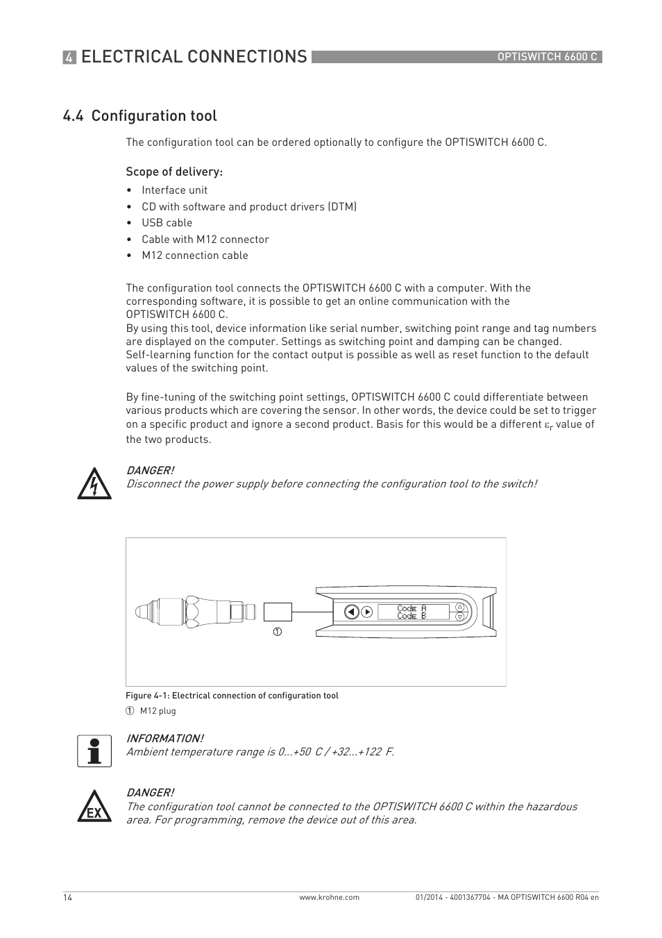 Electrical connections, 4 configuration tool | KROHNE OPTISWITCH 6600 C EN User Manual | Page 14 / 28