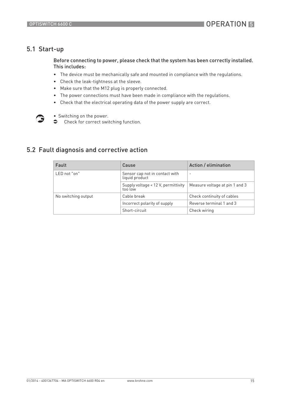 Operation, 1 start-up, 2 fault diagnosis and corrective action | KROHNE OPTISWITCH 6600 C EN User Manual | Page 15 / 28