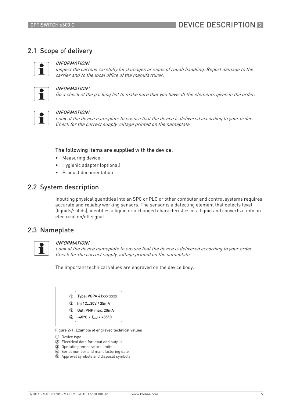 Device description, 1 scope of delivery, 2 system description | 3 nameplate | KROHNE OPTISWITCH 6600 C EN User Manual | Page 9 / 28