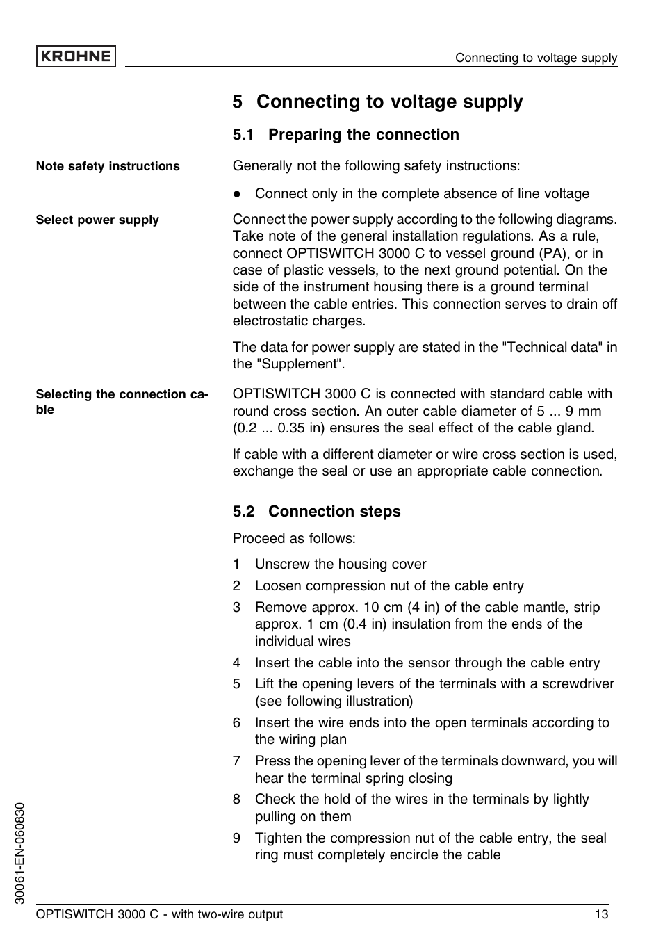 5 connecting to voltage supply, 1 preparing the connection, 2 connection steps | KROHNE OPTISWITCH 3000C 2wire EN User Manual | Page 13 / 32