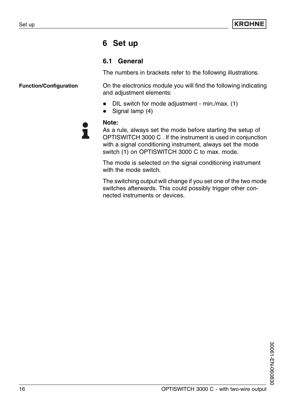 6 set up, 1 general | KROHNE OPTISWITCH 3000C 2wire EN User Manual | Page 16 / 32