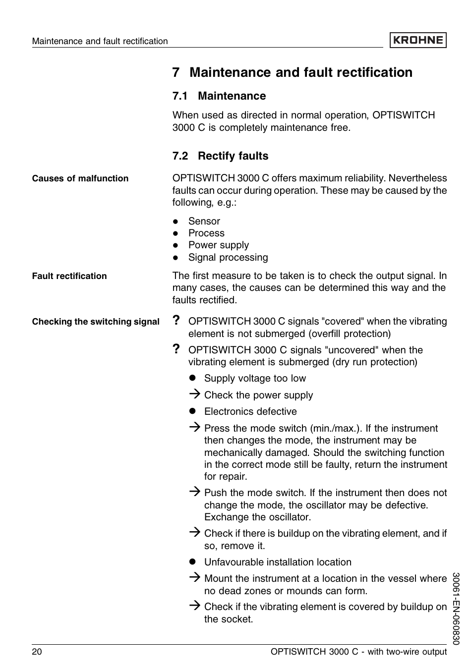 7 maintenance and fault rectification, 1 maintenance, 2 rectify faults | 7 maintenance and fault rectiﬁcation | KROHNE OPTISWITCH 3000C 2wire EN User Manual | Page 20 / 32