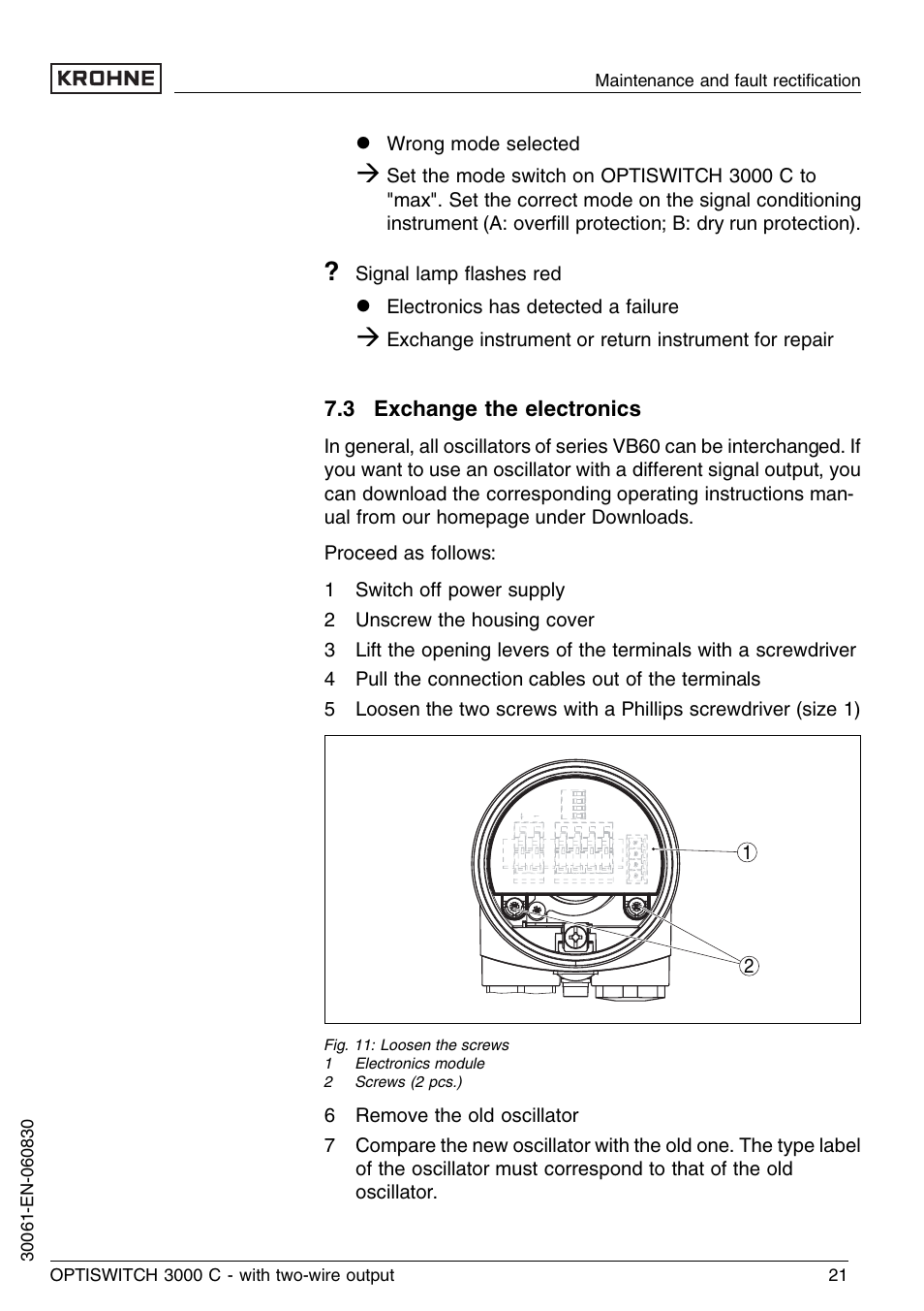 3 exchange the electronics | KROHNE OPTISWITCH 3000C 2wire EN User Manual | Page 21 / 32