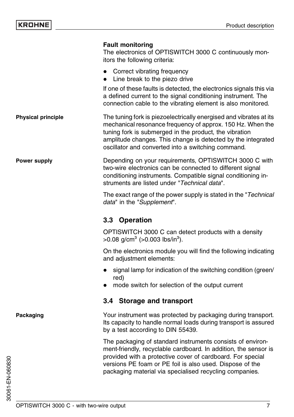 3 operation, 4 storage and transport | KROHNE OPTISWITCH 3000C 2wire EN User Manual | Page 7 / 32