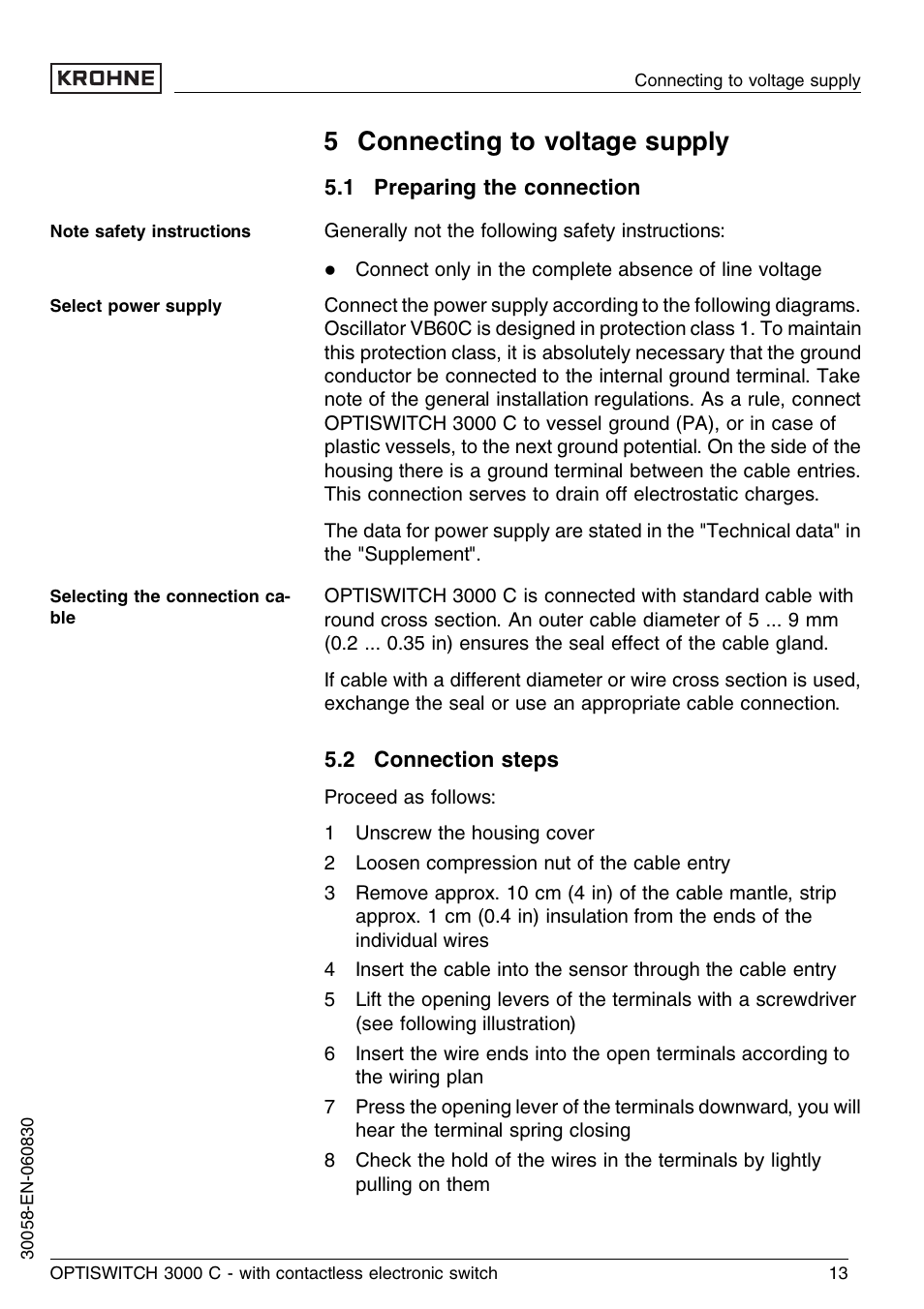 5 connecting to voltage supply, 1 preparing the connection, 2 connection steps | KROHNE OPTISWITCH 3000C Contactless EN User Manual | Page 13 / 32