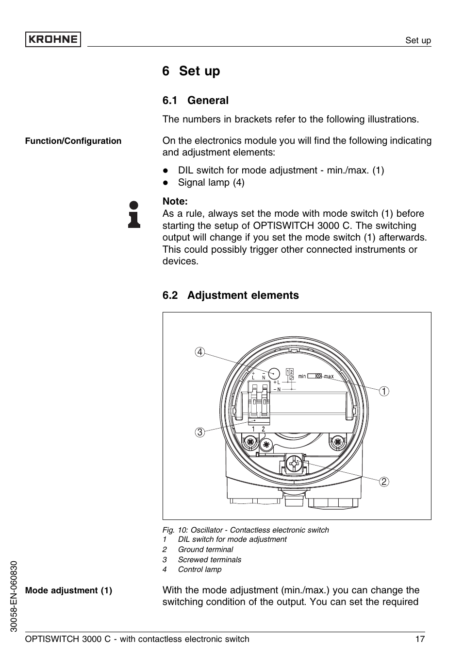 6 set up, 1 general, 2 adjustment elements | KROHNE OPTISWITCH 3000C Contactless EN User Manual | Page 17 / 32