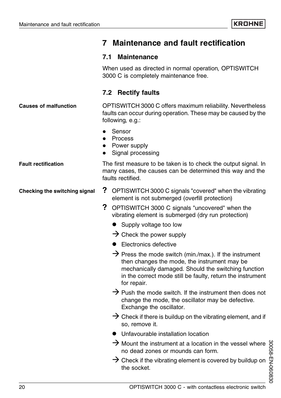 7 maintenance and fault rectification, 1 maintenance, 2 rectify faults | 7 maintenance and fault rectiﬁcation | KROHNE OPTISWITCH 3000C Contactless EN User Manual | Page 20 / 32
