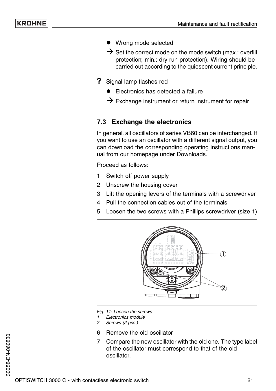 3 exchange the electronics | KROHNE OPTISWITCH 3000C Contactless EN User Manual | Page 21 / 32