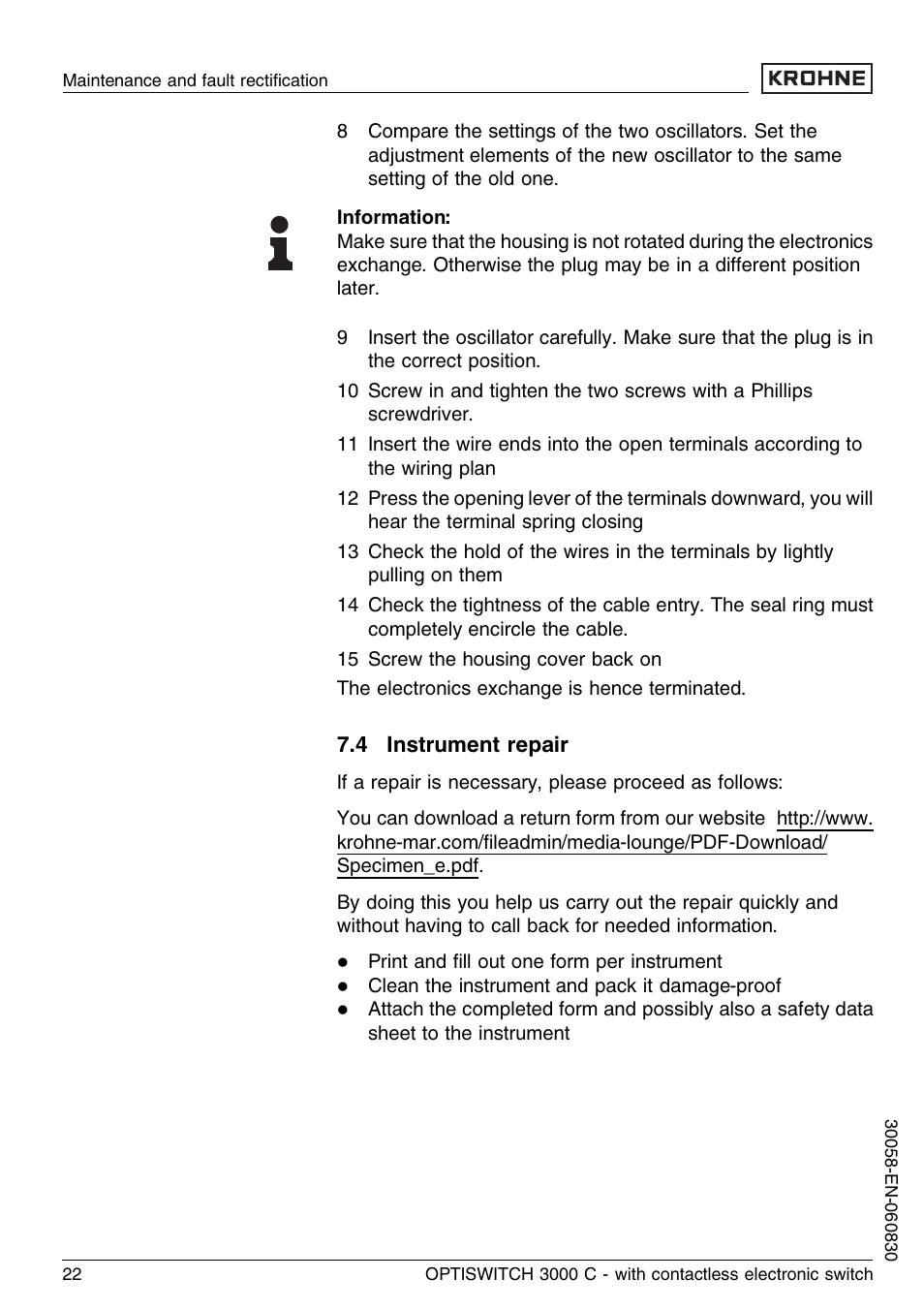 4 instrument repair | KROHNE OPTISWITCH 3000C Contactless EN User Manual | Page 22 / 32