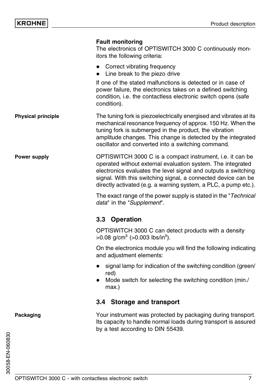 3 operation, 4 storage and transport | KROHNE OPTISWITCH 3000C Contactless EN User Manual | Page 7 / 32