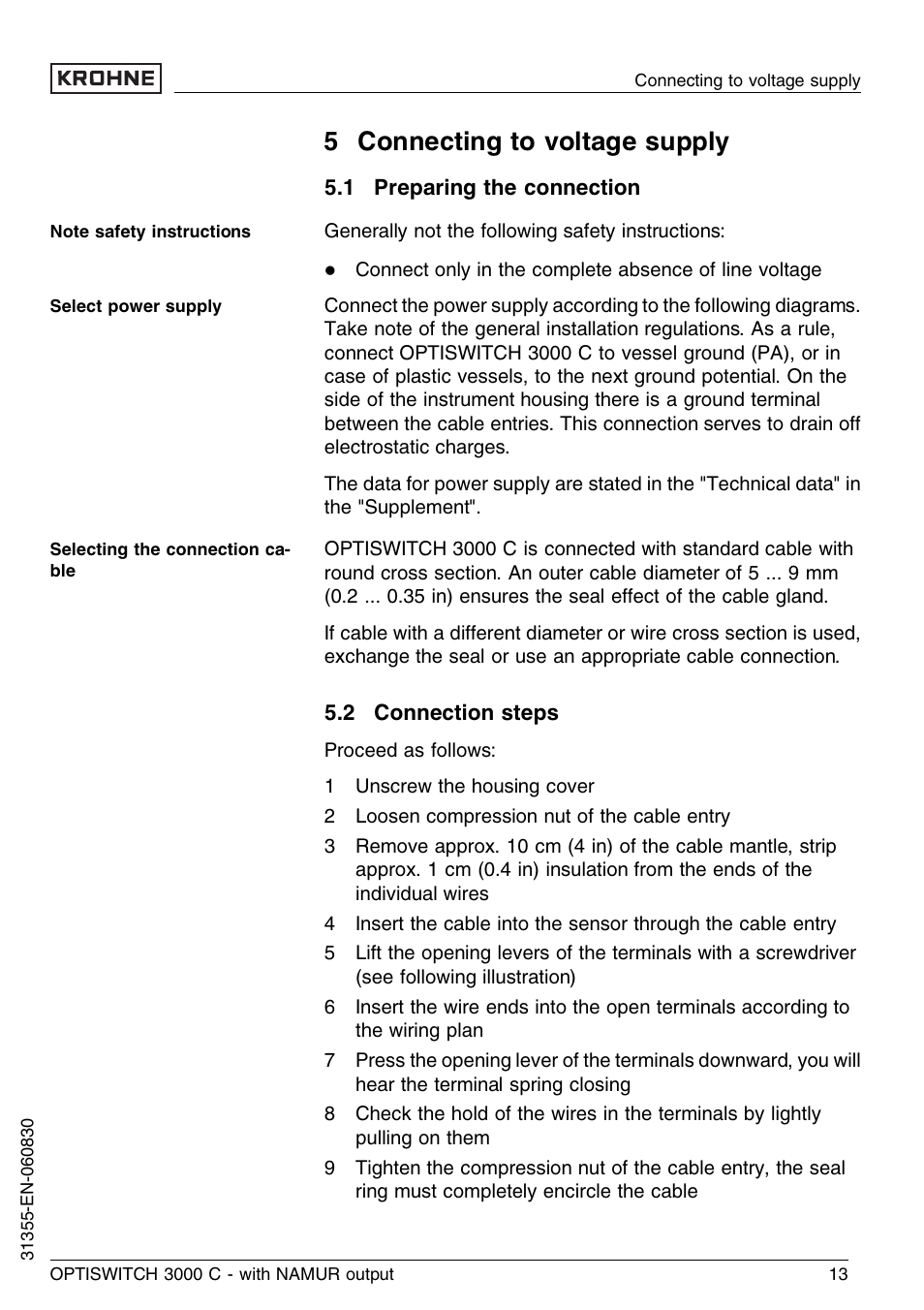 5 connecting to voltage supply, 1 preparing the connection, 2 connection steps | KROHNE OPTISWITCH 3000C NAMUR EN User Manual | Page 13 / 28