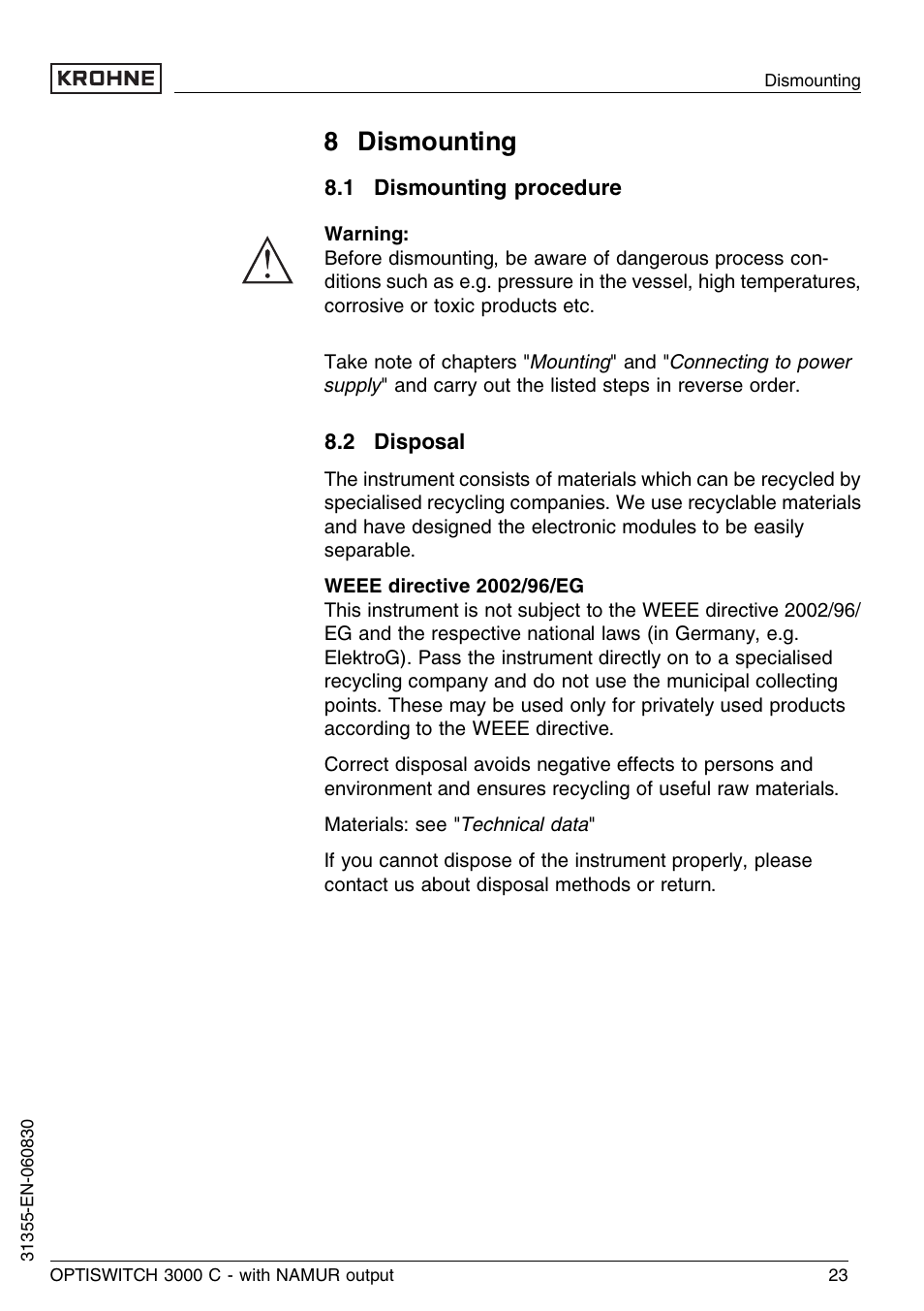 8 dismounting, 1 dismounting procedure, 2 disposal | KROHNE OPTISWITCH 3000C NAMUR EN User Manual | Page 23 / 28