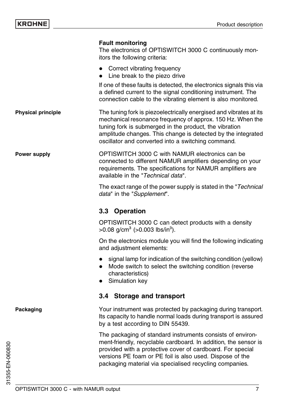 3 operation, 4 storage and transport | KROHNE OPTISWITCH 3000C NAMUR EN User Manual | Page 7 / 28