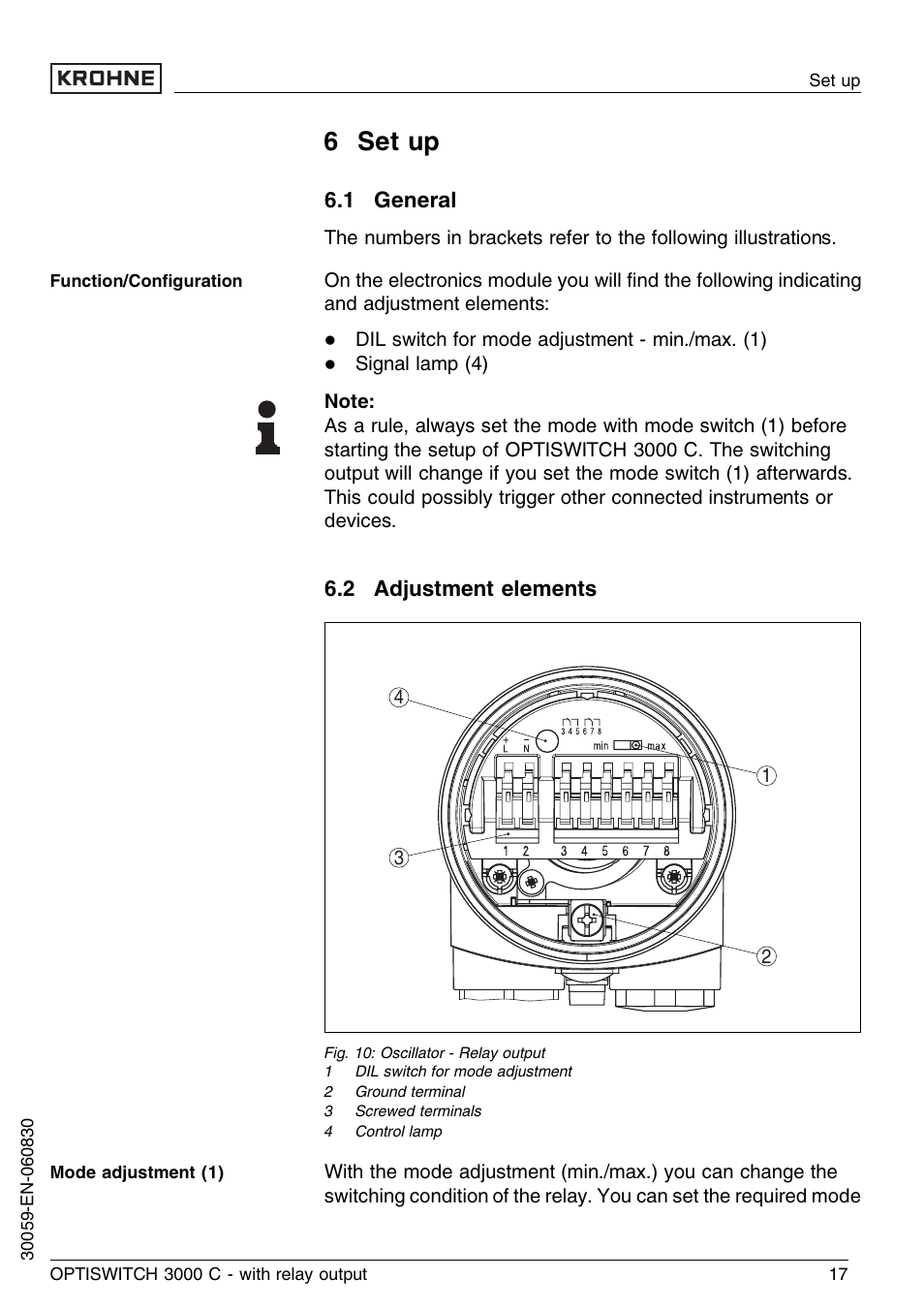 6 set up, 1 general, 2 adjustment elements | KROHNE OPTISWITCH 3000C Relay EN User Manual | Page 17 / 32