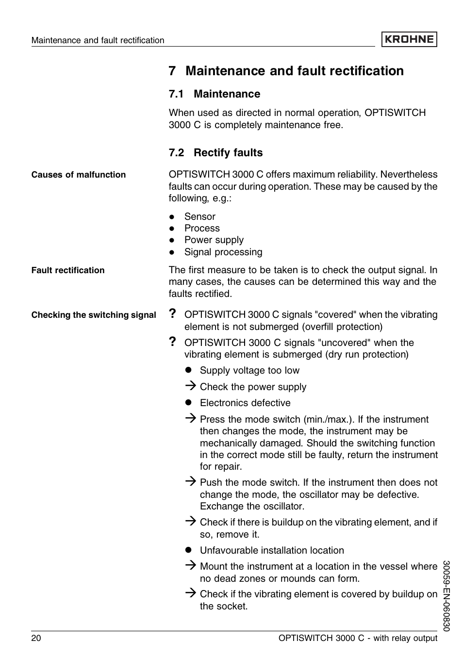 7 maintenance and fault rectification, 1 maintenance, 2 rectify faults | 7 maintenance and fault rectiﬁcation | KROHNE OPTISWITCH 3000C Relay EN User Manual | Page 20 / 32