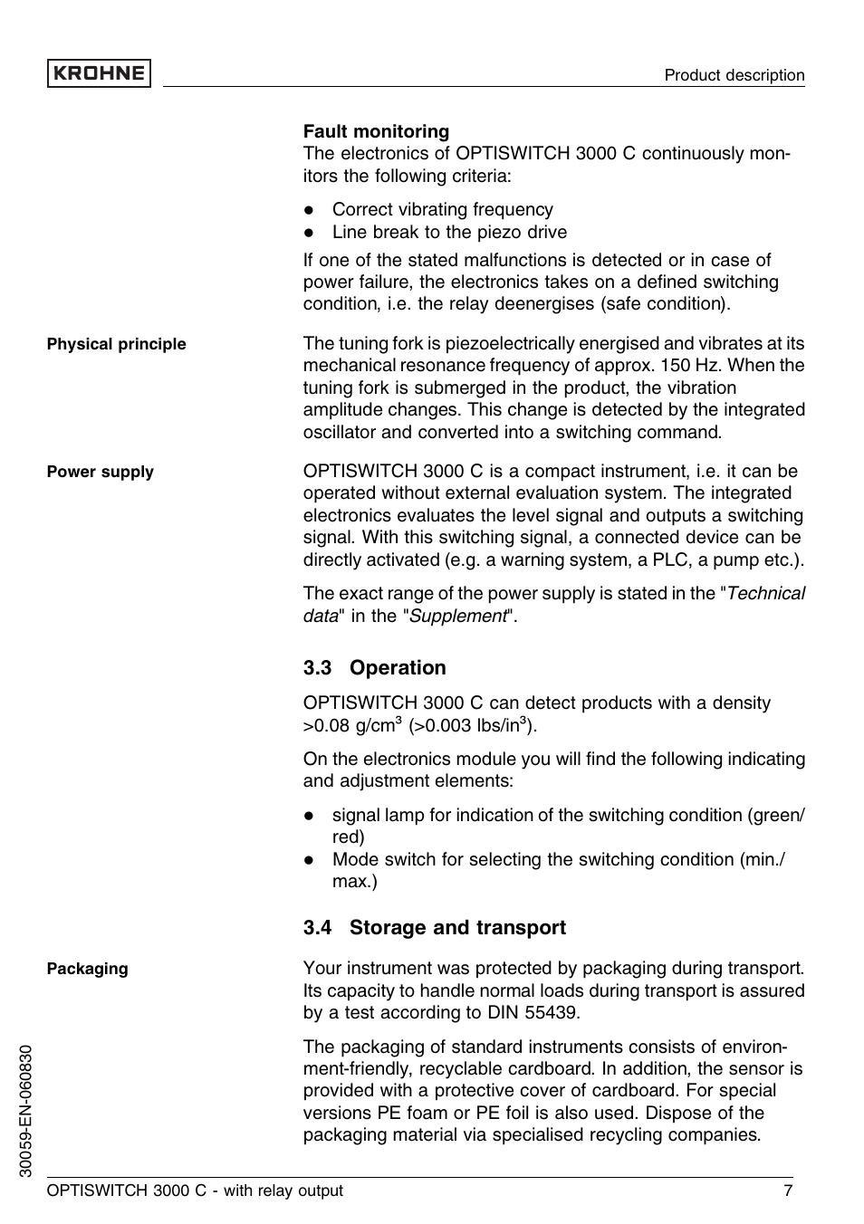 3 operation, 4 storage and transport | KROHNE OPTISWITCH 3000C Relay EN User Manual | Page 7 / 32