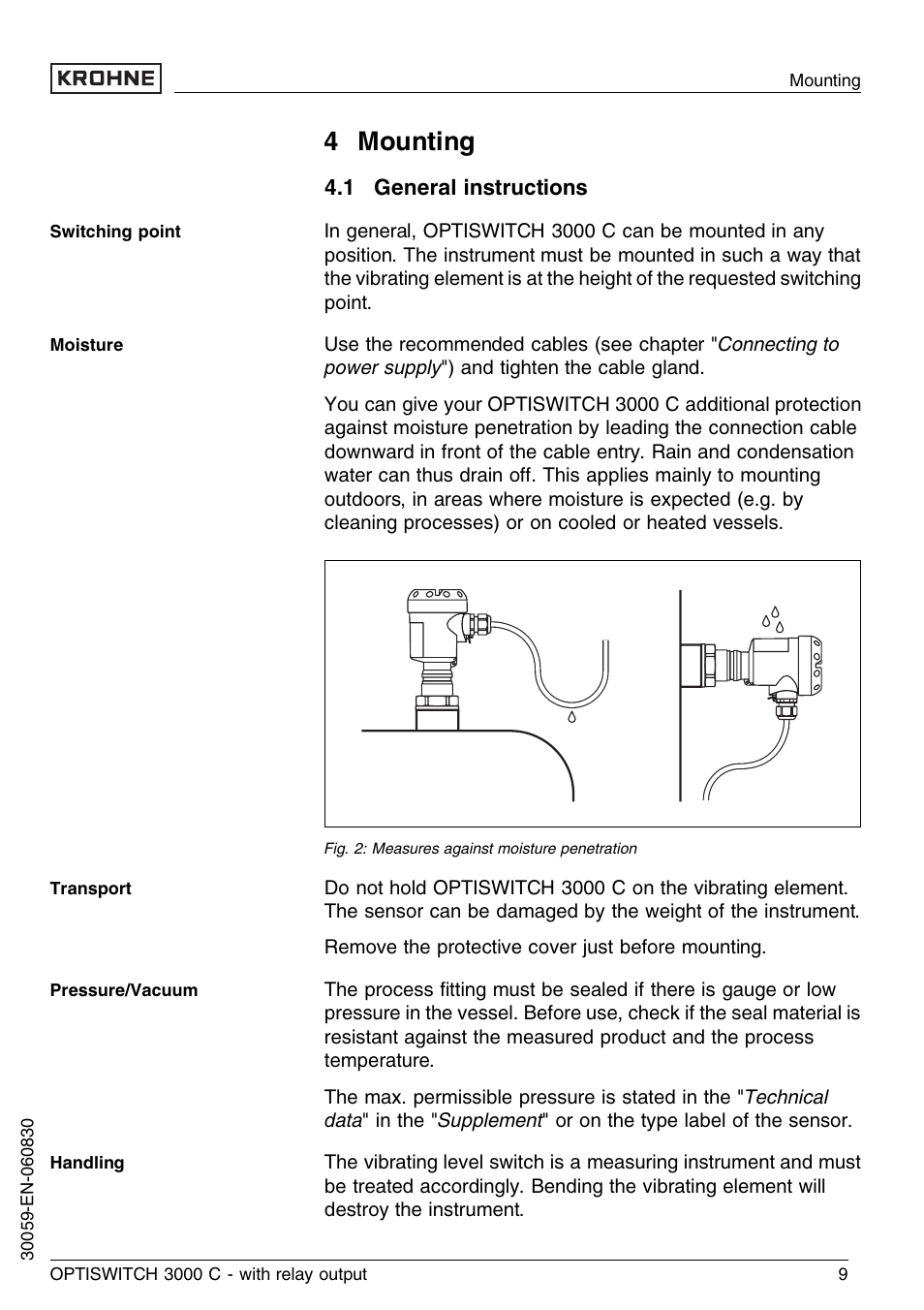 4 mounting, 1 general instructions | KROHNE OPTISWITCH 3000C Relay EN User Manual | Page 9 / 32