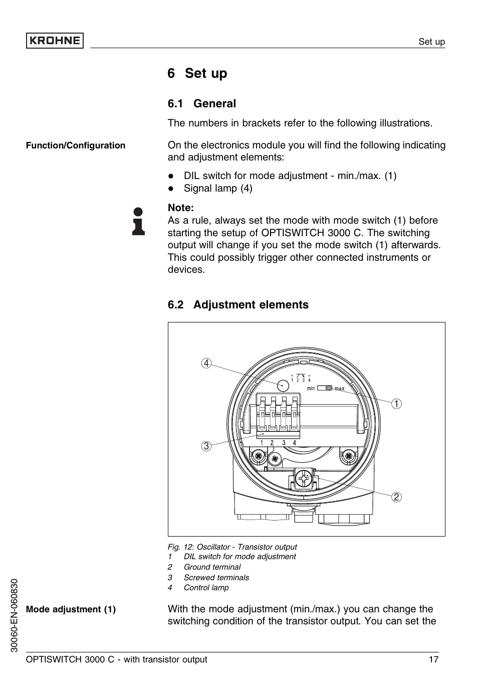 6 set up, 1 general, 2 adjustment elements | KROHNE OPTISWITCH 3000C Transistor EN User Manual | Page 17 / 32