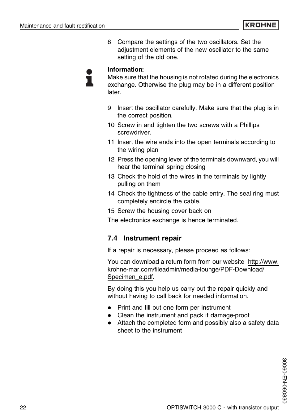 4 instrument repair | KROHNE OPTISWITCH 3000C Transistor EN User Manual | Page 22 / 32