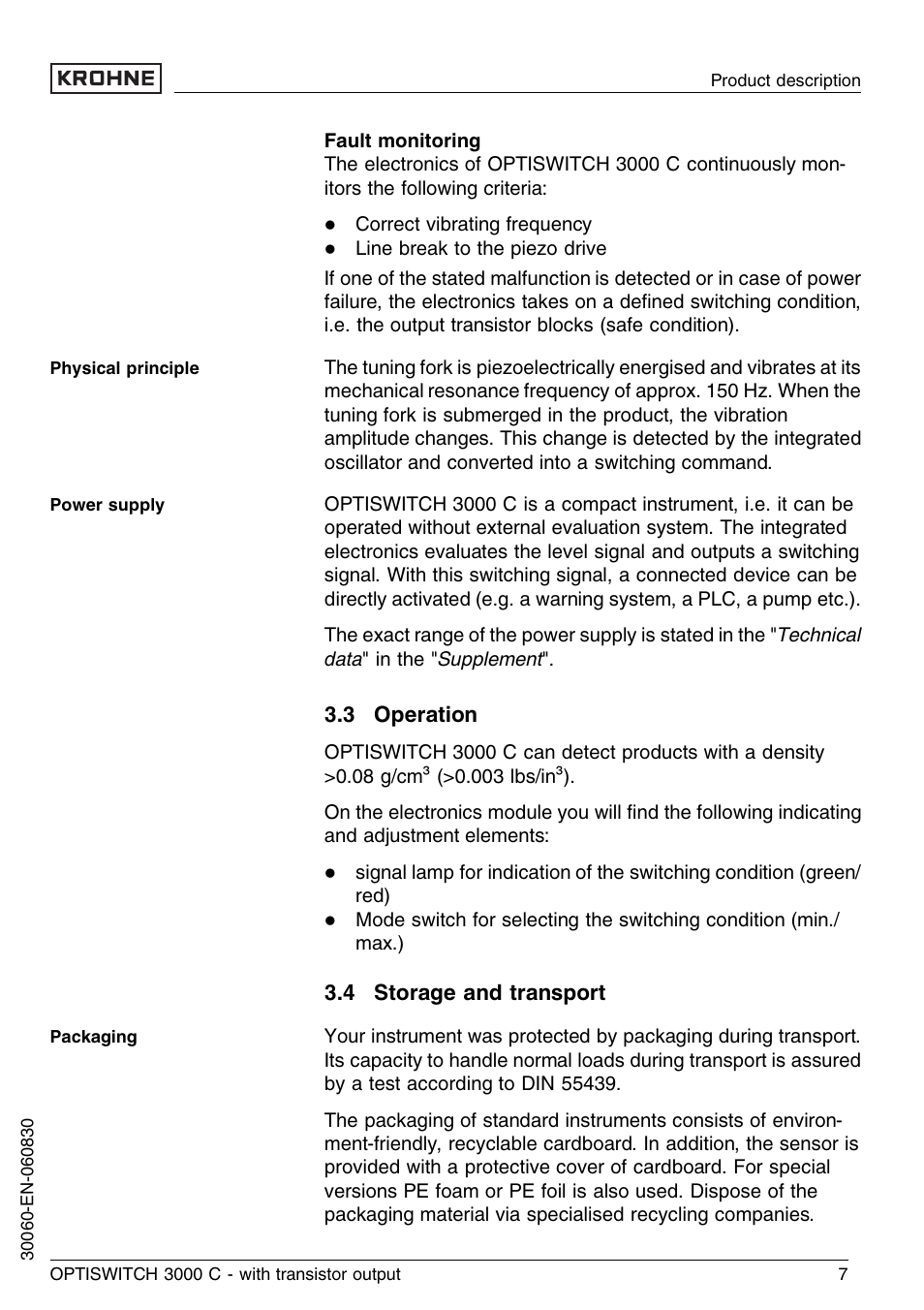3 operation, 4 storage and transport | KROHNE OPTISWITCH 3000C Transistor EN User Manual | Page 7 / 32