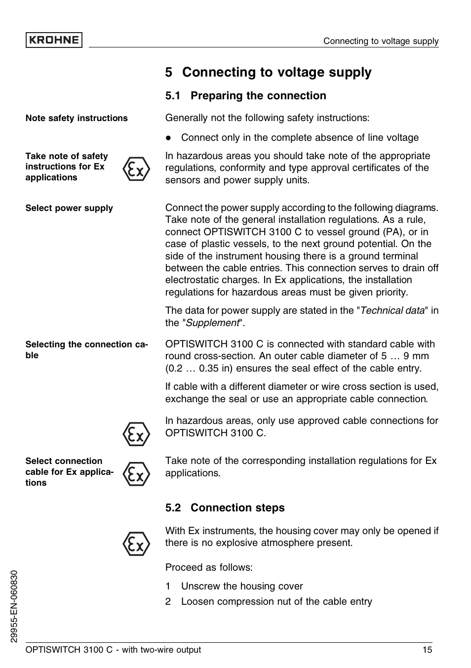 5 connecting to voltage supply, 1 preparing the connection, 2 connection steps | KROHNE OPTISWITCH 3100C 2wire EN User Manual | Page 15 / 36