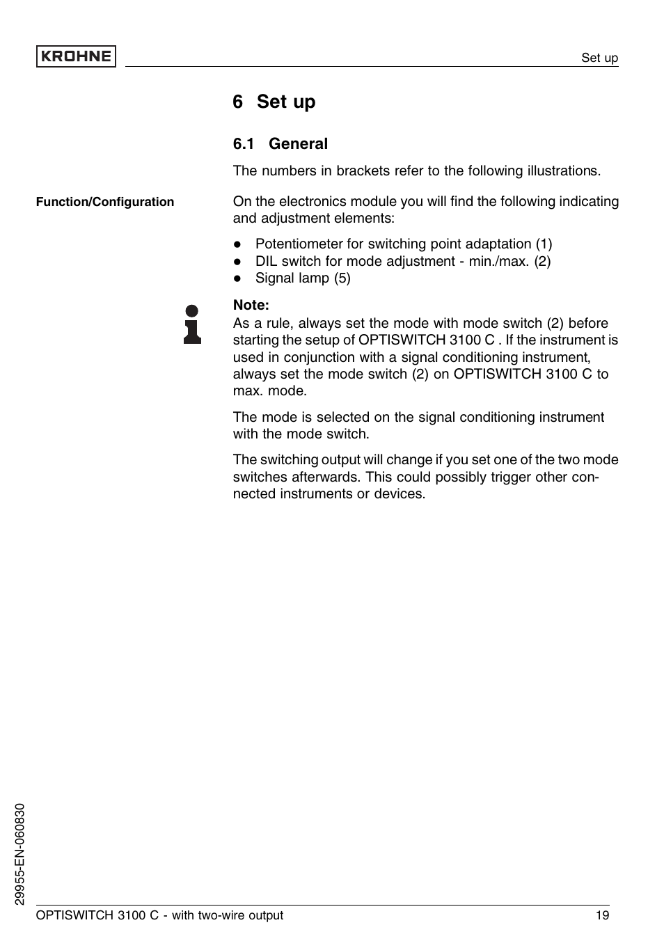 6 set up, 1 general | KROHNE OPTISWITCH 3100C 2wire EN User Manual | Page 19 / 36