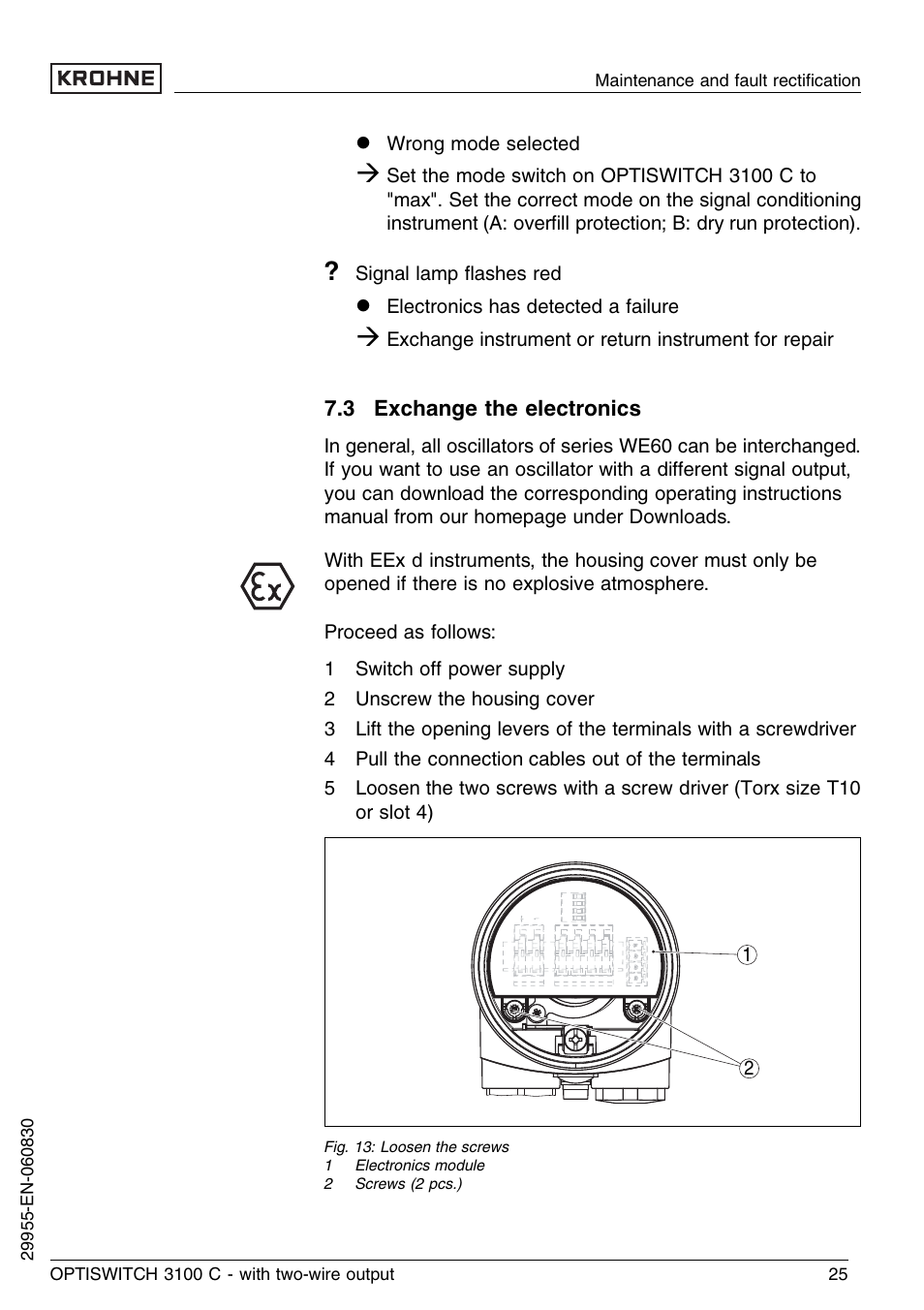 3 exchange the electronics | KROHNE OPTISWITCH 3100C 2wire EN User Manual | Page 25 / 36