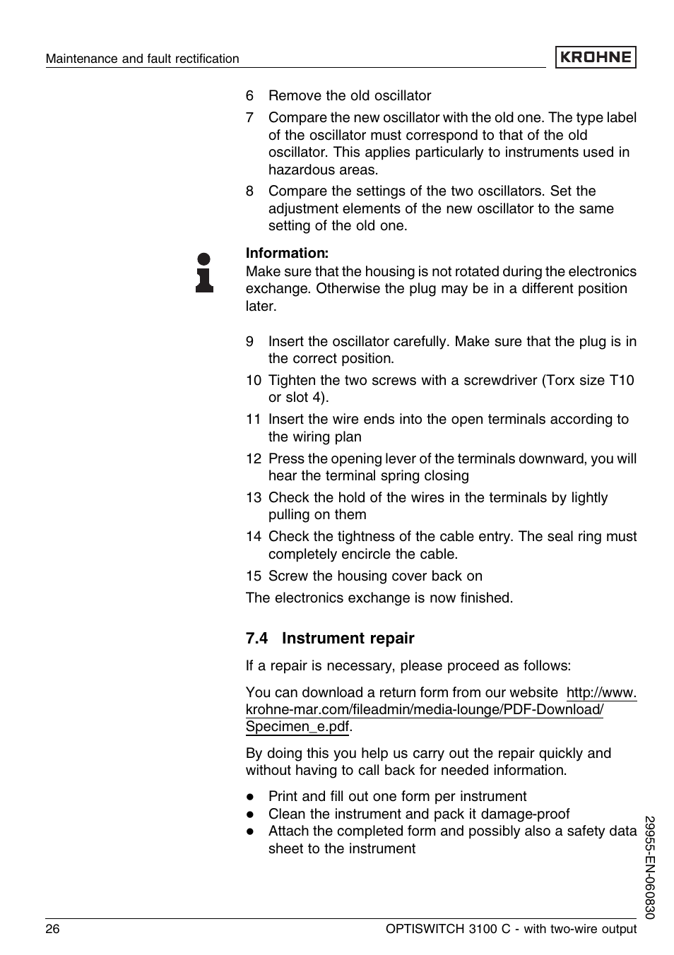 4 instrument repair | KROHNE OPTISWITCH 3100C 2wire EN User Manual | Page 26 / 36