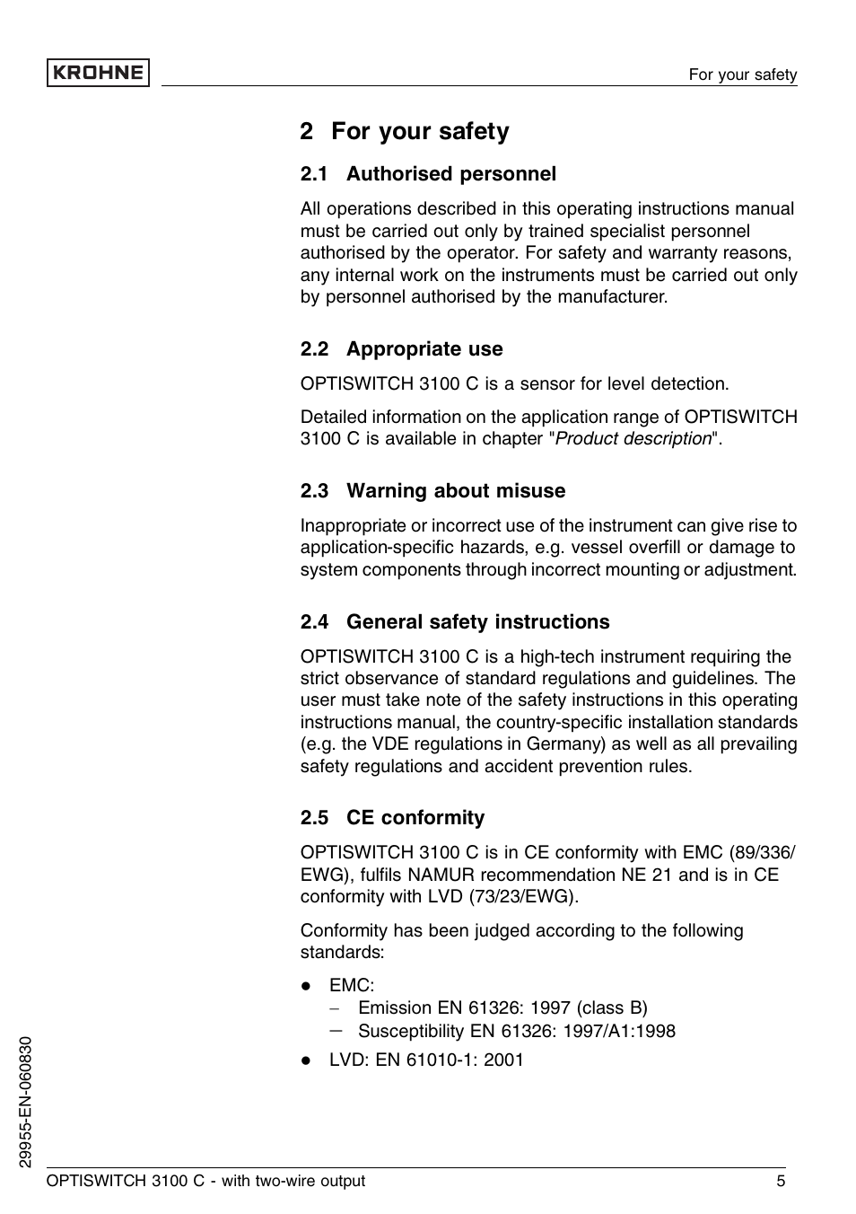 2 for your safety, 1 authorised personnel, 2 appropriate use | 3 warning about misuse, 4 general safety instructions, 5 ce conformity | KROHNE OPTISWITCH 3100C 2wire EN User Manual | Page 5 / 36