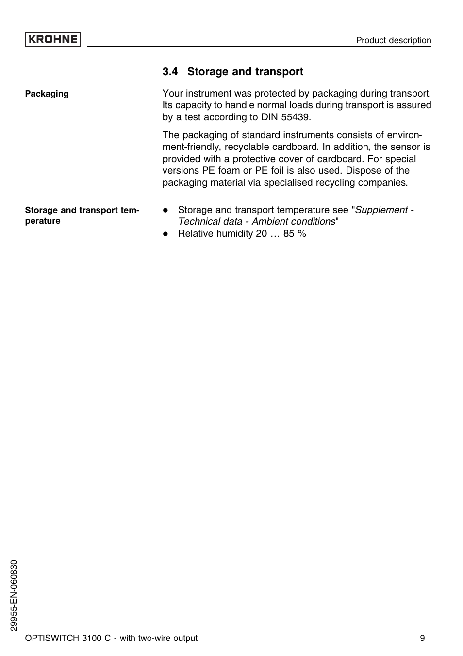 4 storage and transport | KROHNE OPTISWITCH 3100C 2wire EN User Manual | Page 9 / 36