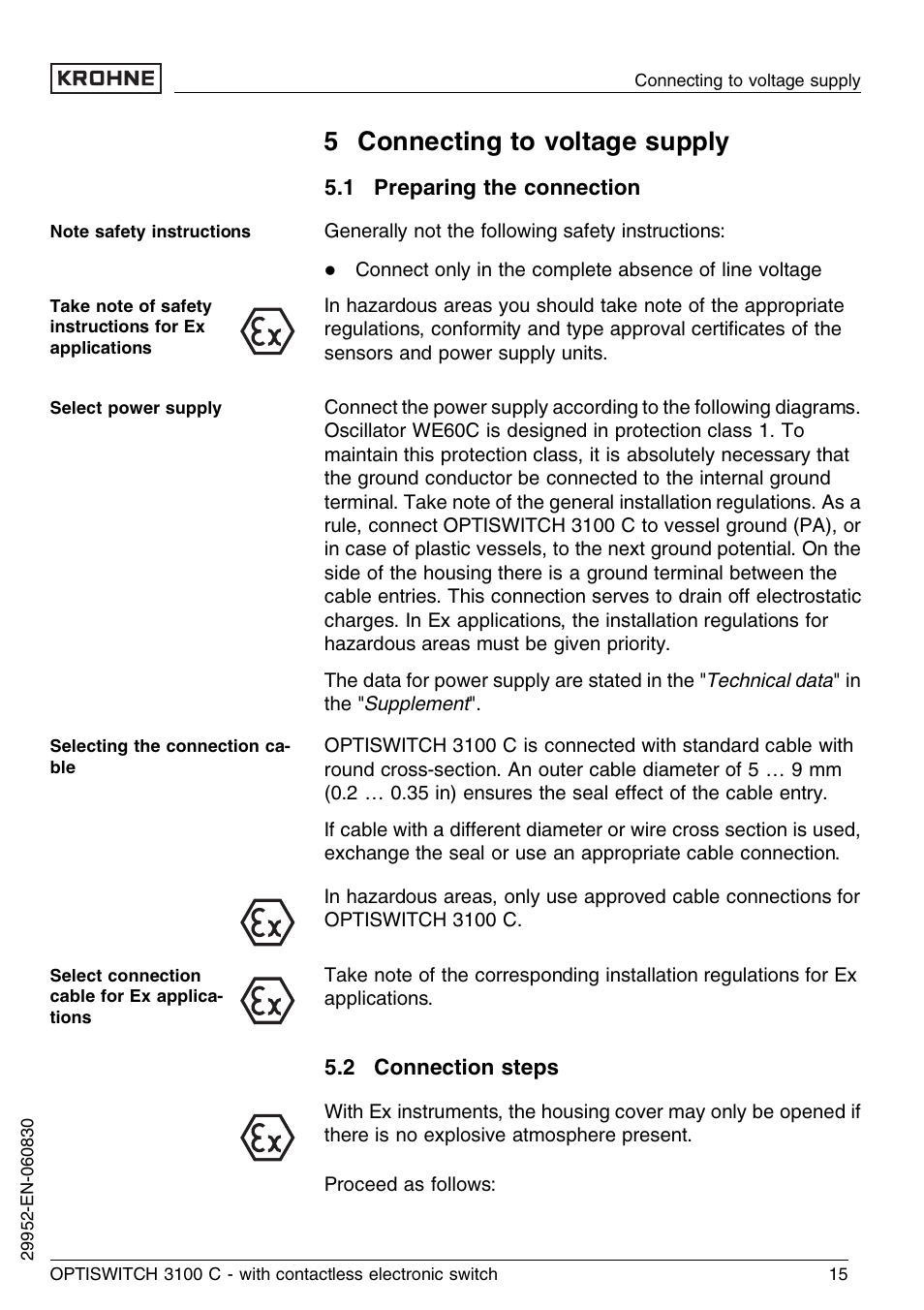 5 connecting to voltage supply, 1 preparing the connection, 2 connection steps | KROHNE OPTISWITCH 3100C Contactless EN User Manual | Page 15 / 32
